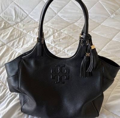 Tory Burch Thea Black Pebbled Leather Tote W Tassel Shoulder Bag Stacked Logo