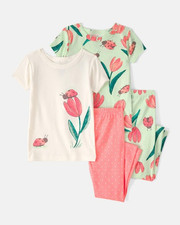 NWT carters Baby Girl Ladybug Floral Cotton Fit 4PC PJ Set, Pink/Green 2 Packs 
