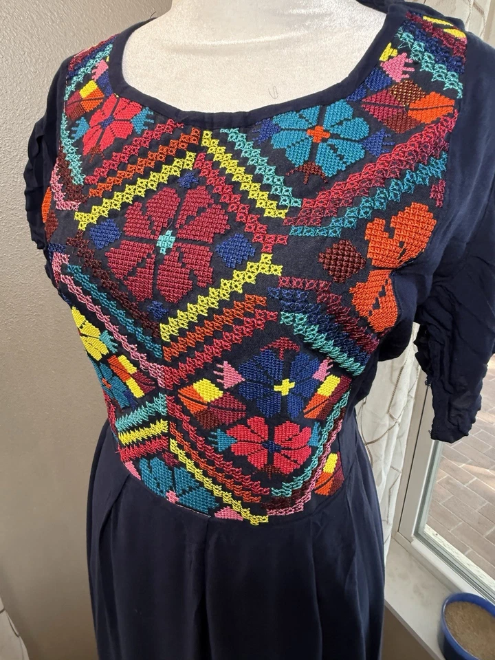 Vestido Hecho a Mano Mexicano Bordado Azul Marino Boho Floral Maxi Folk Talla Mediana Foto 3 de 4