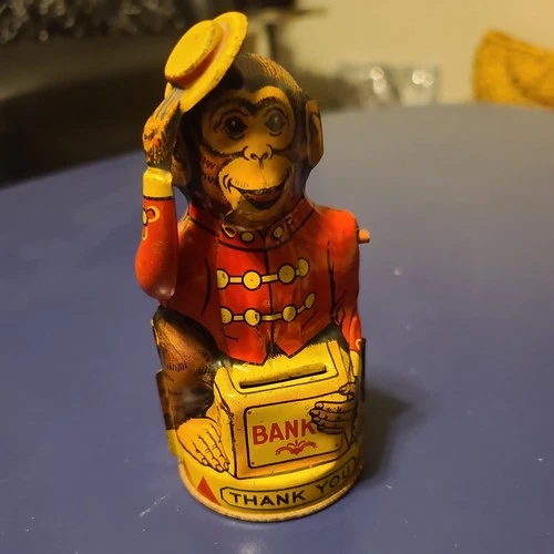 VINTAGE J CHEIN TIN MONKEY BANK. LITHOGRAPHED MECHANICAL THANK YOU BANK. VINTAGE