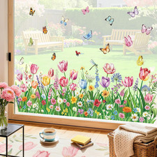Spring Pink Tulips Flower Double Sided Window Clings Green Grass Garden Flora...