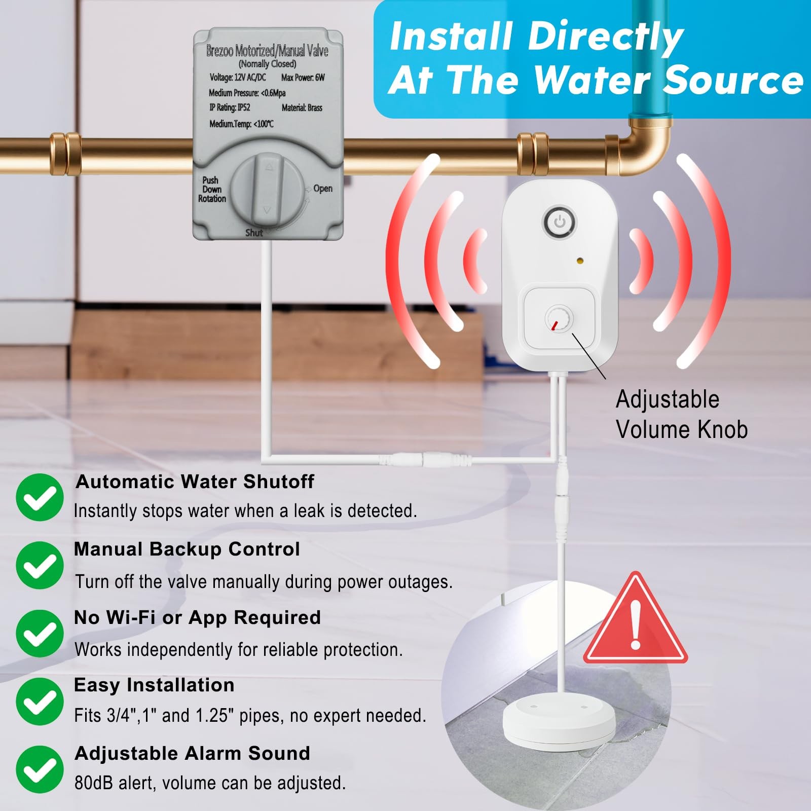 Water Leak Detector for Home, Water Alarm Leak Detector with Automatic Shutof...