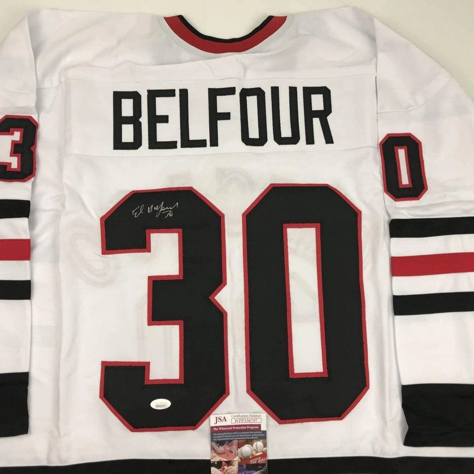 Camiseta deportiva de hockey blanca autografiada/firmada ED BELFOUR Chicago certificado de autenticidad JSA automática Foto 2 de 4