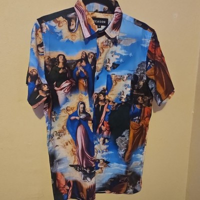 Reason Men's M Art Graphic Print Multicolor Satin Button-Up Shirt Short Sleeve