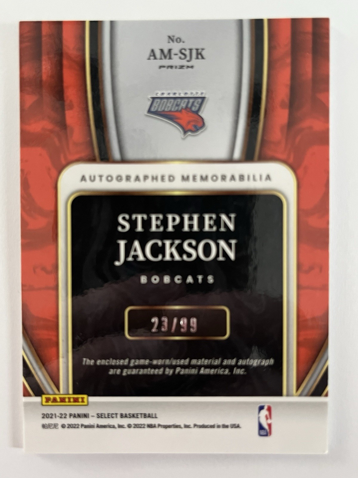 2021-22 Select Stephen Jackson Patch Auto /99 AM-SJK Bobcats Game Worn NM Prizm view 2