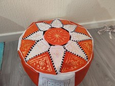 Handmade Pouffe New Genuine Leather Poufe Pouf Footstool Orange Cream/Off White