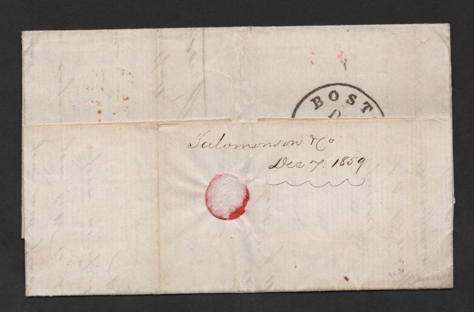NETHERLANDS TO US 1859 STAMPLESS FOLDED COVER BOSTON BR PACKET 5 CENTS PAID - Image 2 of 3