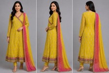 Indian Pakistani Yellow Anarkali Kurta Pants Dupatta 3PC Embroidered A40