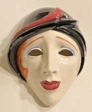 VTG Art Deco Woman 80's Rare CLAY ART San Fran Glazed Ceramic Wall Decor Mask