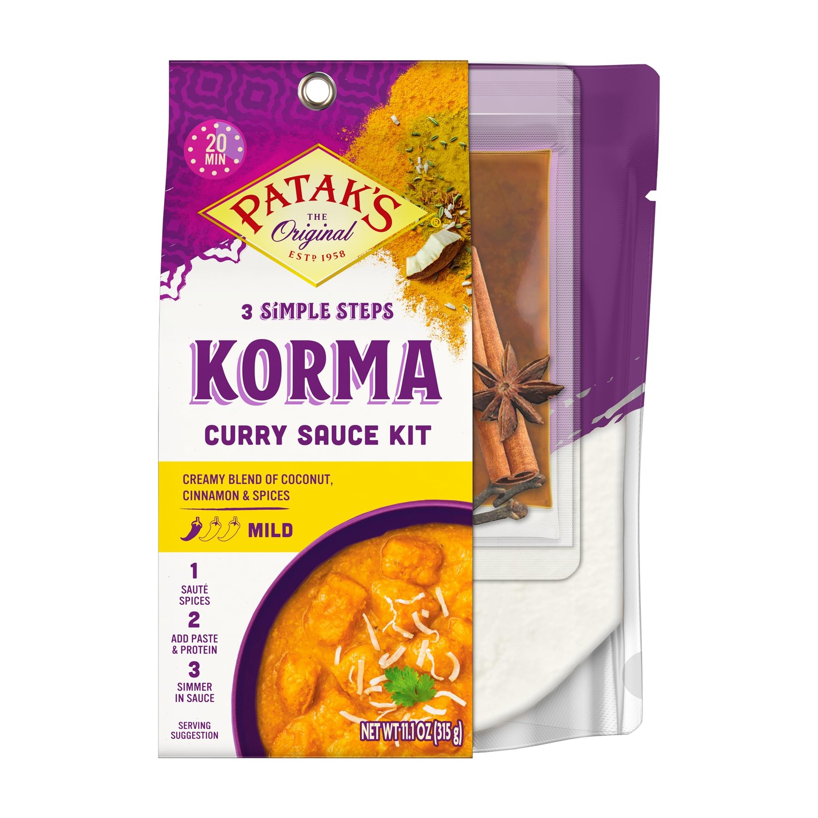 Kit de salsa de curry de 3 pasos Patak’s Korma - suave y 11,1 onzas (paquete de 6), natural