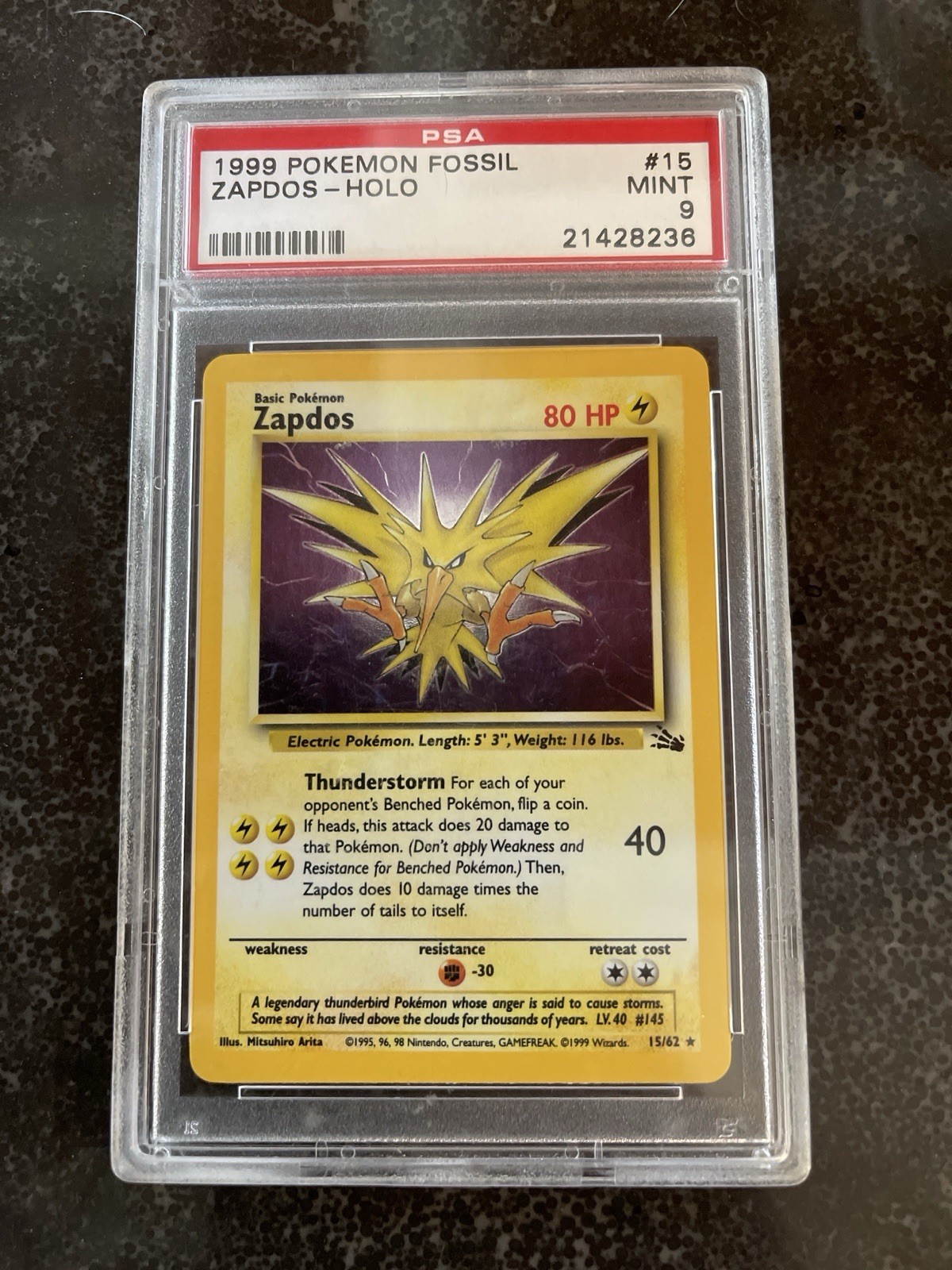 1999 Pokemon Fossil Zapdos #15 Corrected Foil Unlimited Holo PSA 9 Mint - 5441