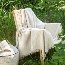 Muslin Blanket - 100 Cotton 4-Layer Gauze Throw Blanket with All-Around Frin...