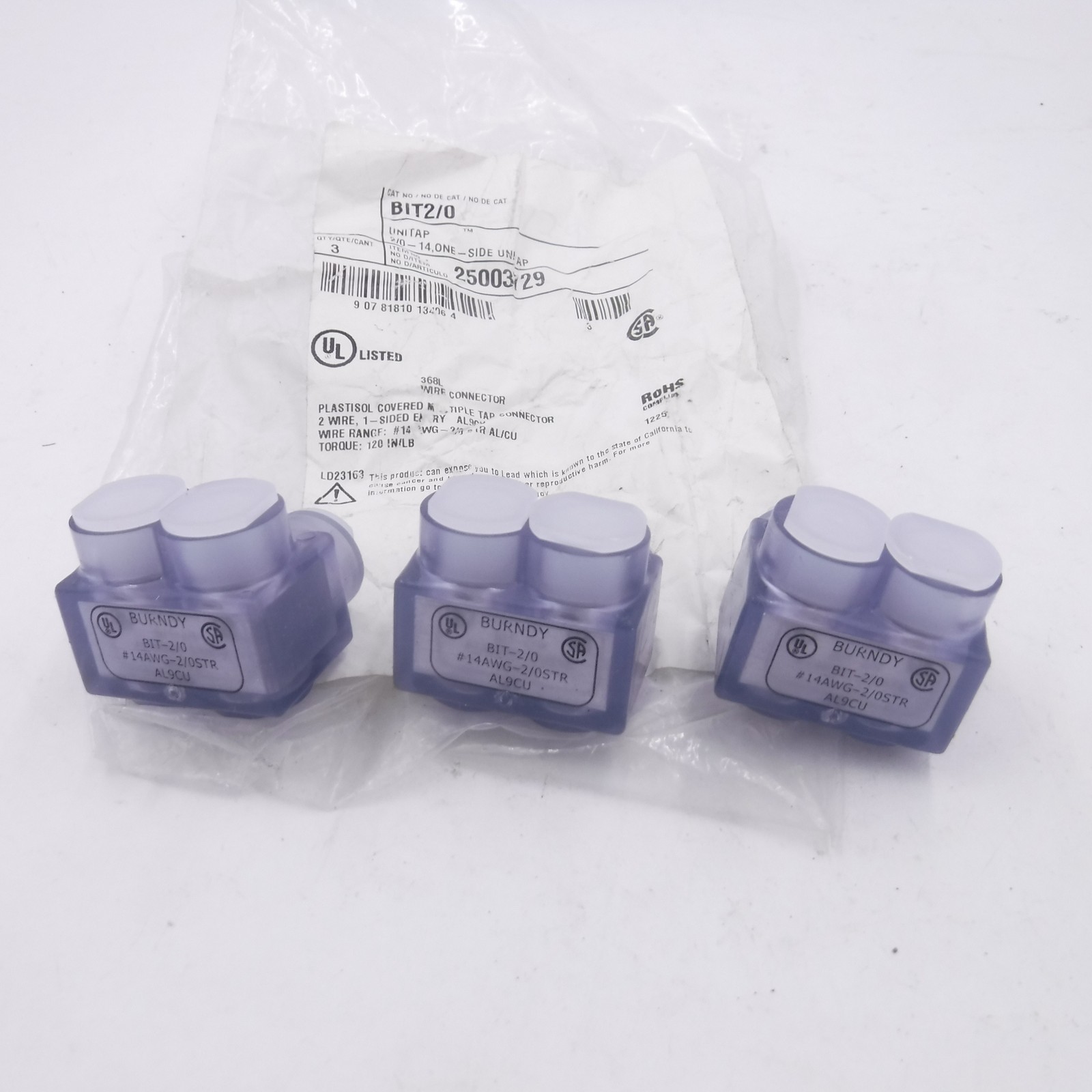 3 Pack Burndy BIT2/0 Aluminum Multiple Tap Connectors Clear 2 Port 1 Sided Entry