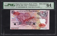 Papua New Guinea 5 Kina 2007 P34s  Specimen N.002  Uncirculated Grade 64