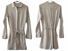 Grade Gather Women Beige Long Sleeve Tie Belt Pockets Modest Casual Romper Small