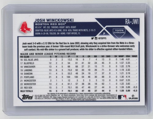 2023 Topps Chrome Update #RA-JWI Josh Winckowski Autographs Purple Speckle #/299 - Picture 2 of 2