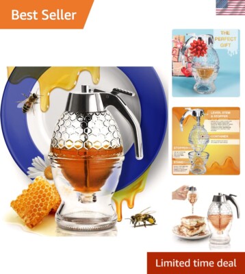 Durable No Drip Glass Honey Dispenser with Stylish Honeycomb Décor - 3.8x6.1