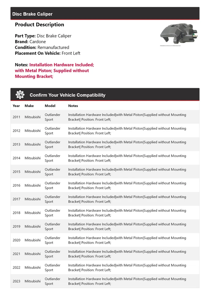 Штангенциркуль переднего левого дискового тормоза для Mitsubishi Outlander Sport 2011-2023 годов выпуска - Изображение 2 из 4