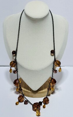 Gunmetal Necklace With Amber Colored Faceted Bead Dangles 22 Inch