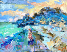 Pintura al óleo paisaje playa caribeña paisaje marino océano Aruba vacaciones 11x14 pulgadas