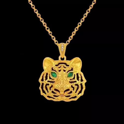 18K Solid Gold Agate Inlay Pendant Tiger Head Zodiac Charm Jewelry - Picture 3 of 9