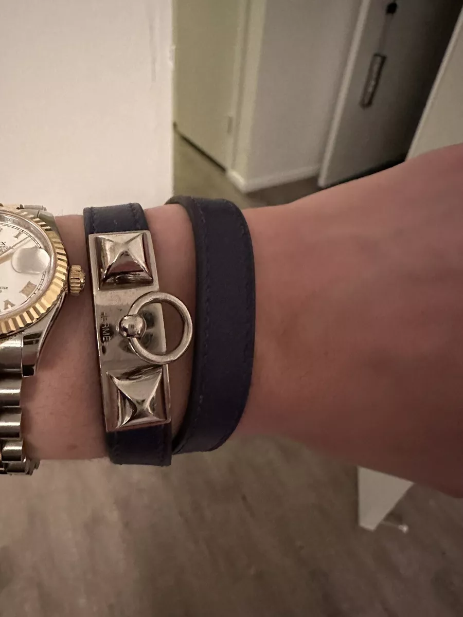 hermes bracelet rivale double tour navy blue size small - msrp $580