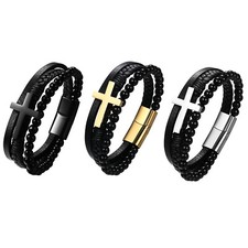 Cross Multi Layer Leather Stainless Steel Mens Beaded Bracelet Magnetic Clasp