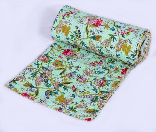 Indian Handmade Floral Print Queen Cotton Kantha Quilt Throw Blanket Bedspread - Picture 2 of 5