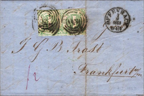 T e Taxi 1863 - 1 Kr. green pair, "142" K1 "Offenbach" (#8914)
