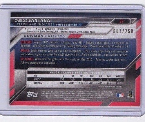 Carlos Santana # 1 / 250 Bowman Limited Card Cleveland Indians - Picture 2 of 2