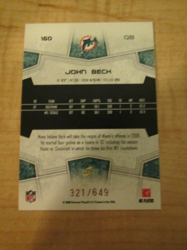 2008 Score Scorecard John Beck 321/649 Card #160 - Picture 2 of 2