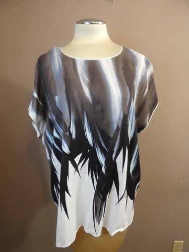 Lafayette 148 Women's 2X Satin Black Wite Feather Print Boxy Top Cap Sleeve