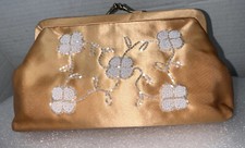 Vintage Peach Satin Evening Clutch With White Beaded Flowers