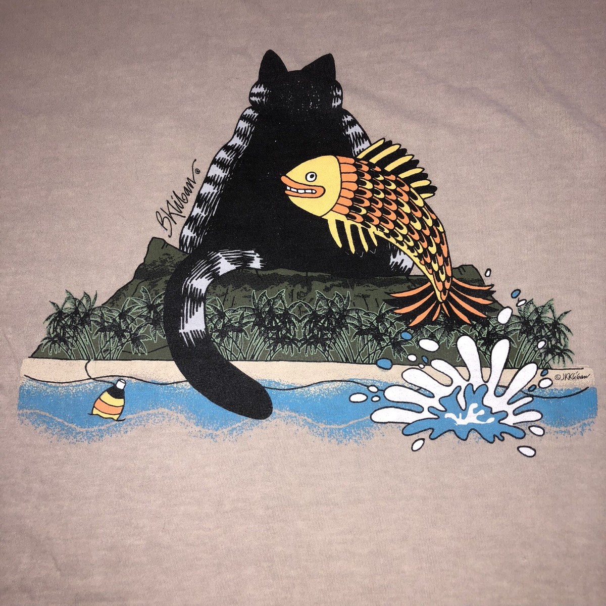 Vintage B Kliban Cat Shirt Diamond Head Waikiki Tan Shirt Size
