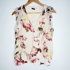 Portmans Ext Size 8 Pink Floral Ruffled V-Neck Snap Cap Sleeve Blouson Top