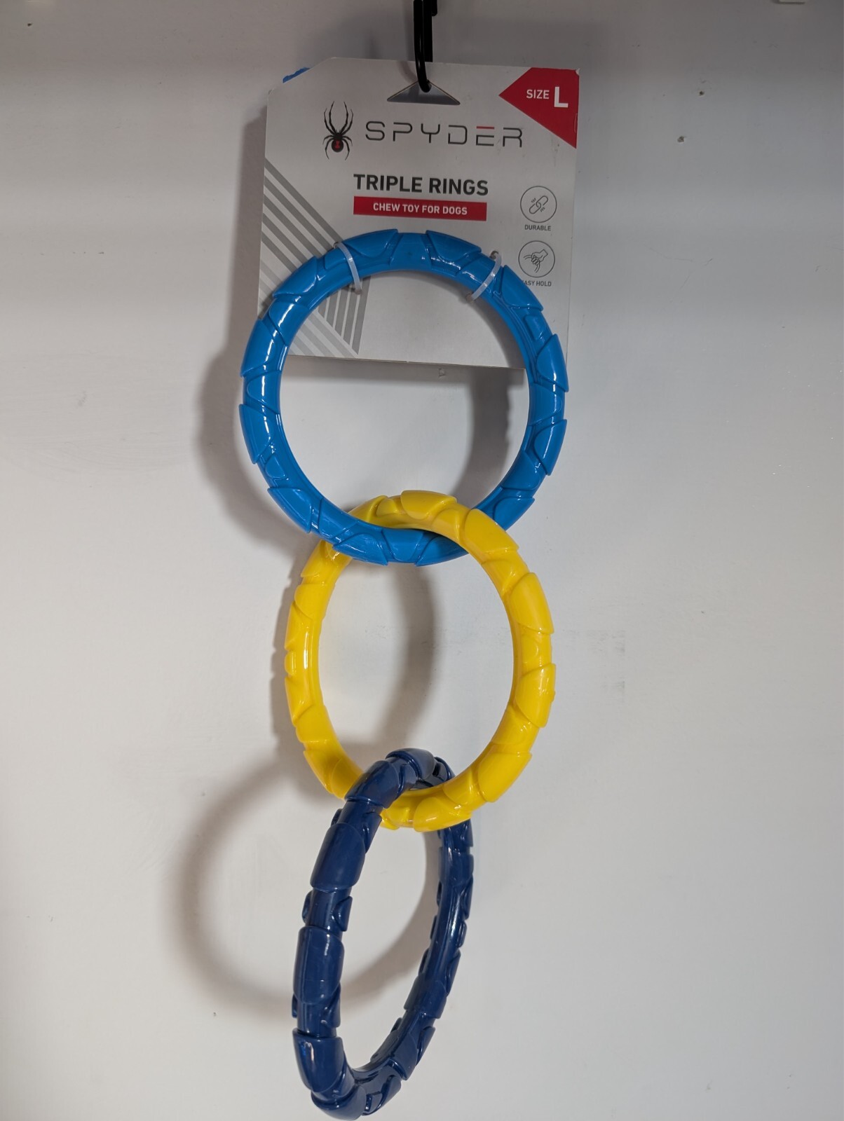 SPYDER Triple ring chew toy for dogs. Durable and easy to hold.