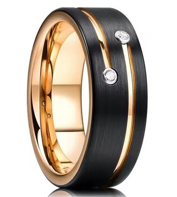 8mm Black Tungsten Ring Gold Groove 2 CZ Diamond Men Wedding Band Comfort Fit 10