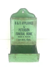 VTG. Tin Advertising Match Box Holder Peterson Funeral Home ELM CREEK NEBR.