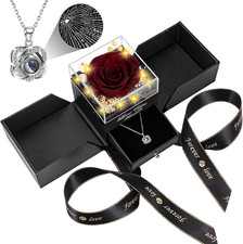 Preserved Wine Red Real Rose with Heart I Love You Necklace -Eternal Flowers Ros