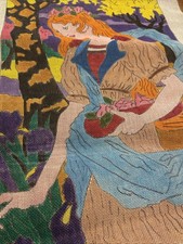 Vintage Colorful Unworked Painted Needlepoint Canvas Colorful Decor Woman