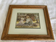 VTG Art Print "Barn Kitties" By Trisha Romance Under Glass Wooden Frame 12"x14"