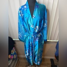 Delicates Vintage Turquoise Floral Night Robe Sheer Sleeve Embroidered Size Med