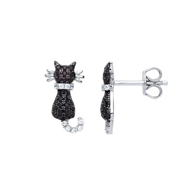 Silber Jewelco London schwarz CZ Kitty Katze Ohrstecker