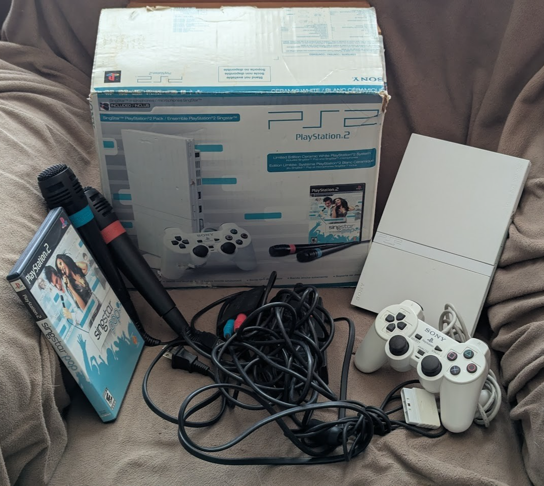 PlayStation 2 PS2 Slim Ceramic White Console SingStar Game Mics