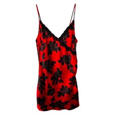 Satin Gown Medium Nightgown Slip Nightie Babydoll Red Black Rose Lace Trim 1810