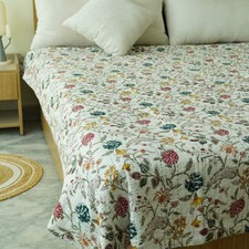 Handmade Kantha Quilt Floral Cotton Block Print Bedspread Queen Boho