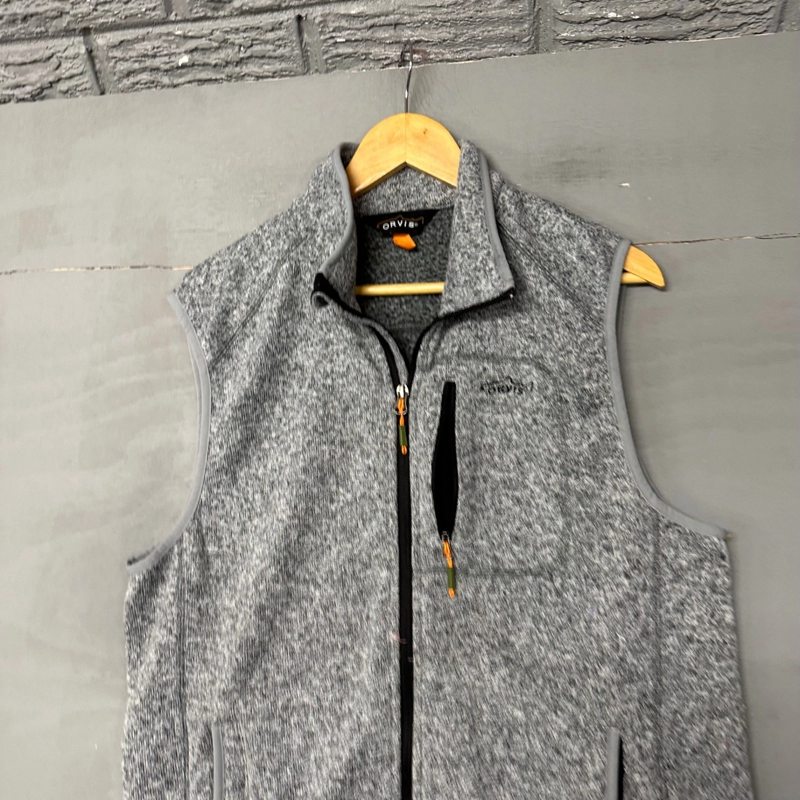 Orvis Mens Gray Sweater Fleece Full Zip Vest Mock Neck Gray Marled Size Large