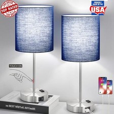 Navy Touch Control Table Lamps W/ USB  AC Outlet 3-Way Dimmable Set of 2