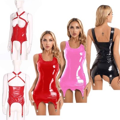 Damen Lack Latex Bustier Wetlook Korsett Strapse Offene Brust Bh Top Push Up