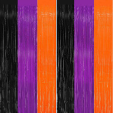 2 Pack 3.2Ft X 9.8Ft Halloween Foil Fringe Curtain, Black Orange Purple Metallic